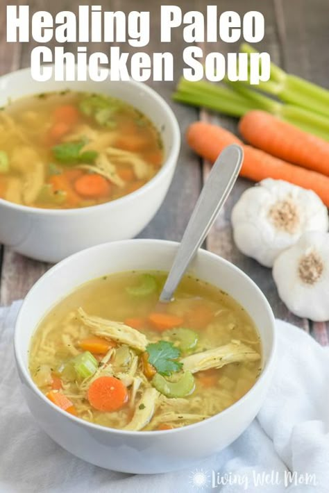 This easy-to-make Paleo Chicken Soup recipe is gluten-free, grain-free, and dairy-free, and is so delicious, even kids gobble it up and ask for more! It's packed with nutrients and healing herbs that can help prevent and reduce the duration of cold and flu symptoms. Low Carb Paleo Soup Recipes, Paleo Chicken Soup Crockpot, Chicken Soup With Turnips, Aip Chicken Noodle Soup, Paleo Chicken Noodle Soup, Paleo Chicken Soup Recipes, Candida Soup Recipes, Aip Chicken Soup, Chicken Soup Paleo