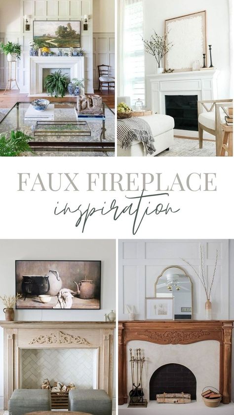 Fake Fireplace Dining Room, How To Style A Faux Fireplace, Faux Fireplace In Dining Room, Faux Fireplace With Mantle, Faux Mantel Ideas, Fake Fireplace Wall Ideas, Minimalist Fireplace Mantle, Bedroom Faux Fireplace, Vintage Fireplace Mantle Decor