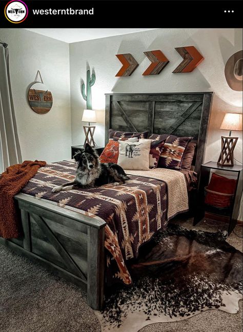 Western Bedroom Inspo / Inspiration / country chic / country bedroom Men’s Western Bedroom, Western Bed Spreads, Simple Western Bedroom Ideas, Cow Themed Room, Cow Print Room Ideas, Country Room Aesthetic, Western Themed Bedroom, Hunting Bedroom, Western Room Ideas