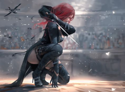 Ghost Blade digital wallpaper #Ghostblade #realistic #WLOP black dress #redhead #heels #thigh-highs #720P #wallpaper #hdwallpaper #desktop Red Hair, A Woman, Red, Hair, Black, Art