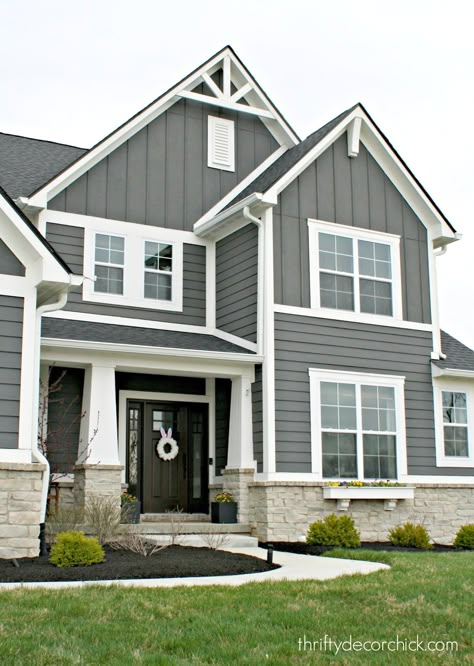 Farmhouse Exterior Paint Colors Grey, Gray Sided Houses, Pewter Siding Exterior, Navy Gray House Exterior, Gray House With White Windows, Light Gray And White House Exterior, Gray Two Story House Exterior, Onyx Black Roof Shingles Gray Siding, 2 Story House Siding Ideas