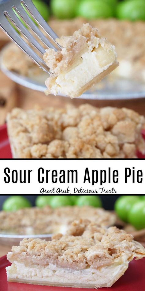 A double photo collage of sour cream apple pie. Apple Cream Pie Recipe, Sour Cream Apple Pie, Apple Pie Ingredients, Apple Crumb Pie, Pecan Cobbler, Apple Pie Recipe Easy, Sliced Apples, Holiday Desserts Table, Sour Cream Recipes