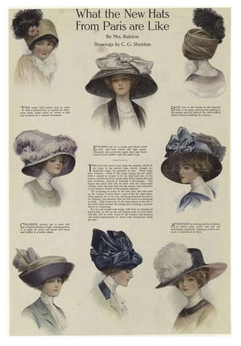 This shows women's hats from the 20th century, many of which are large and exquisite. Large brimmed hats along with large feathers and bows accenting it were very popular during the mid 20th century. They were used to accessorize every outfit. Edwardian Hat, Historical Hats, Victorian Hats, Ab Challenge, Edwardian Dress, Paris Mode, Women's Hats, Couture Vintage, Edwardian Fashion