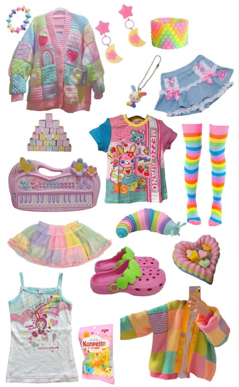 kawaii, rainbow, colorful, cute, outfit, Chi Core Aesthetic, Soft Kidcore Clothes, Dreamcore Outfit Aesthetic, Pastel Kidcore Clothes, Kidcore Fashion Pastel, Decora Outfit Ideas, Cute Outfits Colorful, Cute Kidcore Outfits, Outfit Ideas Kidcore