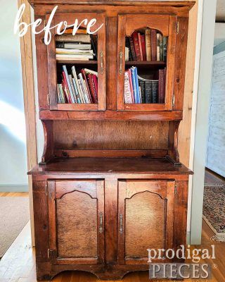 Painted Pine Hutch with Salvage Style - Prodigal Pieces Boho Hutch, Pine Hutch, China Hutch Makeover, China Cabinet Makeover, Painted China Cabinets, Diy Pet Bed, Hutch Makeover, Outdoor Dog Bed, Art Deco Vanity