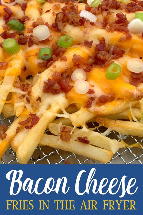 Crispy French Fries topped with Monterey Jack and cheddar cheese with bacon bits and green onions are a perfect easy appetizer or side dish for a party or regular family meal. We love making these loaded fries in the air fryer or regular oven. In under 25 minutes, this delicious recipe is ready to enjoy! Bacon Cheese Fries Air Fryer, Air Fryer Loaded Fries, Air Fryer Cheese Fries, Cheese Loaded Fries, Chicken And Bacon Carbonara, Loaded French Fries, Loaded Fries Recipe, Fries In The Air Fryer, Bacon Cheese Fries