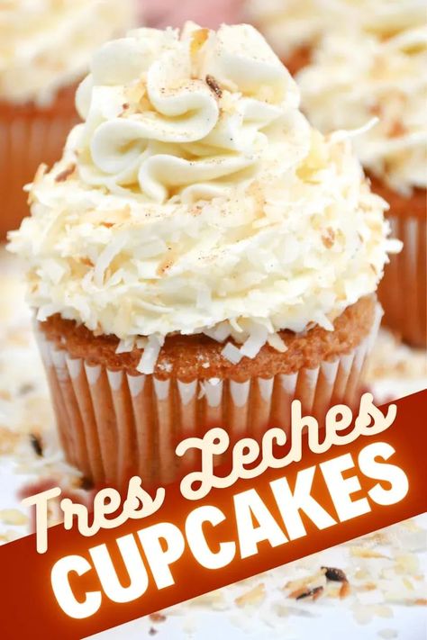 These Tres Leches Cupcakes are a clever take on the popular dessert of the same name which originated in Mexico. You will be taking a basic cake mix and enriching it with three kinds of milk to make these delightful cupcakes. They're topped with vanilla frosting and toasted coconut. Delicioso! Mini Tres Leches Cupcakes, Coquito Cupcakes Recipe, Tres Leches Cupcakes Box Cake, Tres Leches Cake In A Cup, Tres Leche Cupcake, Coquito Cupcakes, Mexican Cupcakes, Cupcake Truck, Tres Leches Cupcakes