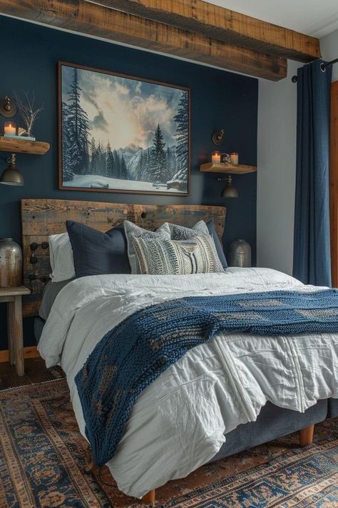 Male Bedroom Decor, Bedroom Ideas Green, Dark Blue Rooms, Dark Bedrooms, Male Bedroom, Male Bedroom Ideas, Blue Gray Bedroom, Dark Blue Bedrooms, Mens Bedroom Decor