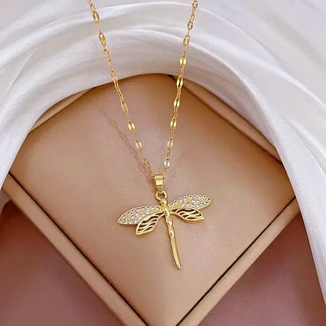 Dragonfly Jewelry, Dragonfly Charm, Dragonfly Necklace, Dragonfly Pendant, Fancy Jewellery, Long Pendant Necklace, Fancy Jewelry, Gold Jewelry Fashion, Stainless Steel Necklace