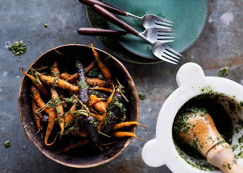 Roasted Carrots with Carrot-Top Pesto - Bon Appétit Carrot Top Pesto, Entertaining Tips, Carrot Top, Jack Johnson, Carrot Recipes, Pesto Recipe, Roasted Carrots, Vegetable Sides, Veggie Sides