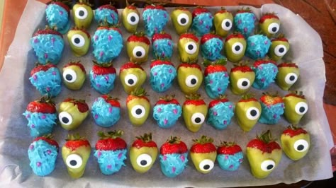 Monsters Inc strawberries Monster Inc Food Ideas Snacks, Monsters Inc Party Treats, Monsters Inc Chocolate Strawberries, Monster Inc Treat Ideas, Monsters Inc Strawberries, Monsters Inc Snacks, Monster Inc Strawberries, Monster Inc Treats, Monsters Inc Dessert Table