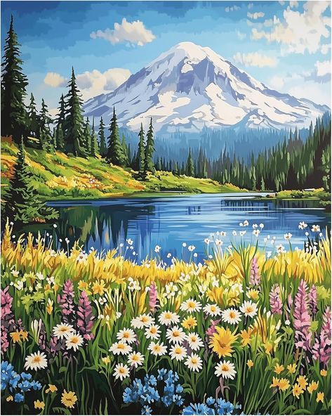 Amazon.com: Mount Rainier National Park Paint by Number Kits, Snow Mountain Forest Painting by Numbers, Spring Flowers Scenery Oil Painting Acrylic Paint for Beginner Home Wall Decor Unframe(16×20inches) Flowers Scenery, Mountain Forest, Mount Rainier National Park, Rainier National Park, Acrylic Painting For Beginners, Forest Painting, Snow Mountain, Mountain Paintings, Paint By Number Kits