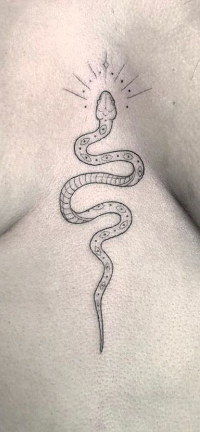 Snake Tattoos In Between Chest Women, Snake Tattoo Between Chest, Snake Tattoo Back For Women, Snake Tattoo Chest Women, Sternum Snake Tattoo Women, Serpent Tattoo Woman, Snake Tattoos For Women Chest, Chest Tattoo Snake, Snake Tattoos Hip