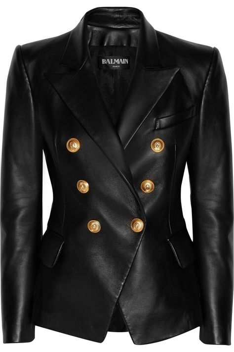 BALMAIN Double-breasted leather blazer Balmain Blazer, Kim K Style, Leather Blazer Jacket, Kardashian Kollection, Long Sleeve Blazers, Leather Blazer, Mode Vintage, Leather Jackets Women, Gold Buttons