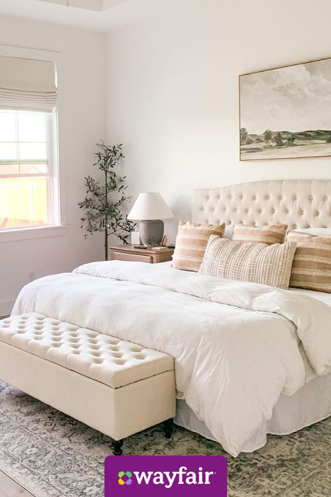 Find us a better bedroom setup; we'll wait. With plush white bedding, a tufted storage bench, and wooden nightstands, this look can be yours in no time. Wayfair Bedroom Ideas, Wooden Nightstands, Wayfair Bedroom, Ideas Armario, Male Bedroom Ideas, Small Living Room Layout, Bedroom Setup, Redecorate Bedroom, Livingroom Layout