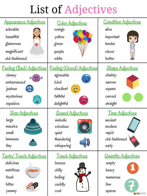 This list of the most frequently used adjectives in English is a good place to start expanding your English vocabulary ... Adjectives In English, Common Adjectives, List Of Adjectives, English Adjectives, Grammar For Kids, Teaching English Grammar, English Grammar Worksheets, English Vocab, Learn English Grammar