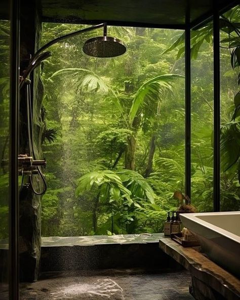 Bathroom With Outdoor Garden, Large Tub Bathroom, Forest Bathroom Theme, Outdoor Shower Aesthetic, Nature Homes, Rainforest Shower, Green Living Room, Jungle House, Outdoor Bathrooms