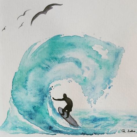 Surfboard Watercolor Paintings, Watercolor Surf Art, Surfing Watercolor Paintings, Water Coloring Ideas Easy Landscape, Beachy Watercolor Ideas, Ocean Watercolor Painting Easy, Acvarel Painting, Beach Watercolor Paintings, Watercolor Art Ocean