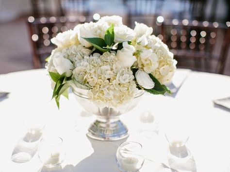 The wonderful world of Summer Whites:  Like freshly fallen snow, the finest of lace or the drama of a wedding dress, the singular bea... Picture Wedding Centerpieces, White Wedding Flowers Centerpieces, Classic Wedding Flowers, Wedding Flower Vase, Bowl Pedestal, Wedding Flowers Hydrangea, White Wedding Decorations, Bulk Wedding Flowers, White Wedding Theme