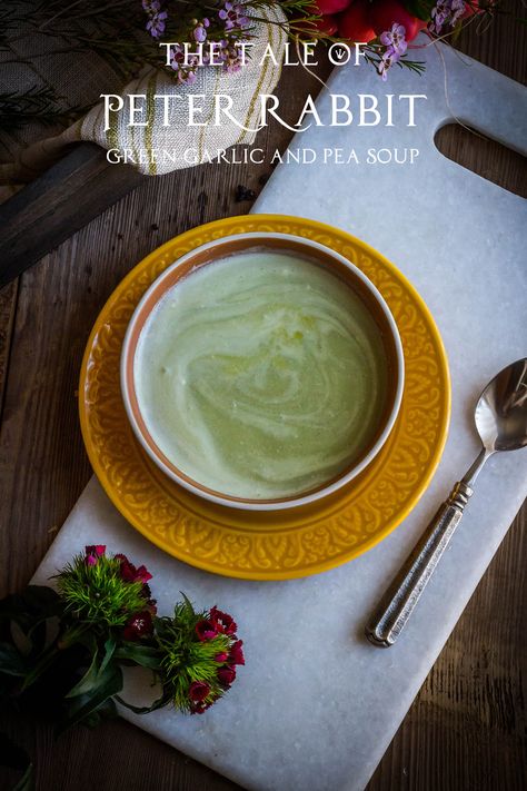 The Tale of Peter Rabbit: Green Garlic and Pea Soup Recipe Feast Of Starlight, Pea Soup Recipe, Tale Of Peter Rabbit, Fairy Food, Geek Food, Green Garlic, Rabbit Food, Jack Rabbit, Pea Soup