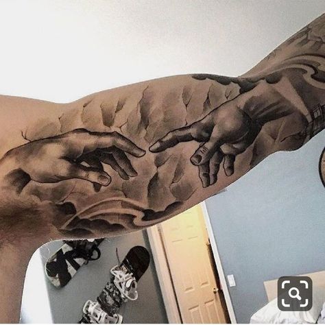 Religious Tattoo Sleeves, Tattoos Realism, Tattoo Avant Bras, Tattoo Bicep, Cloud Tattoo Sleeve, Sky Portrait, Inside Of Arm Tattoo, Herren Hand Tattoos, Bicep Tattoo Men