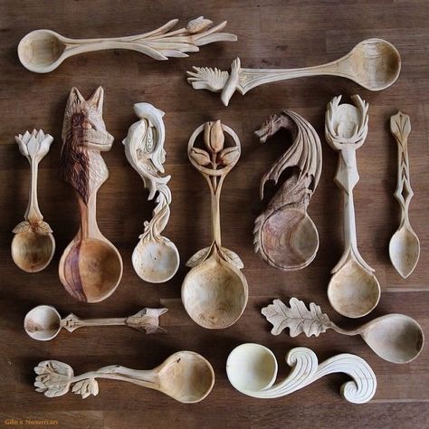 Hand carved wooden spoons - Imgur Wood Carving Ideas, Northern Wales, Hand Carved Wooden Spoons, Awesome Woodworking Ideas, Wood Spoon Carving, Carved Spoons, Dremel Wood Carving, Carving Art, Woodworking Projects That Sell