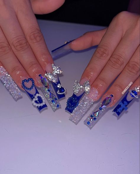 Blue Virgo Birthday Nails, 21st Birthday Nails Blue, Blue Square Acrylic Nails With Rhinestones, Blue Dramatic Nails, Extra Birthday Nails Blue, Blue Acrylic Nails Black Women, Blue Nail Designs With Charms, Long Acrylic Nails Royal Blue, Blue And White Birthday Nails