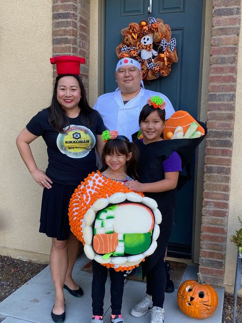 Family Food Costumes Diy, Chopsticks Costume, Dumpling Costume, Ramen Costume Diy, Ramen Costume, Sushi Chef Costume, Bao Costume, Halloween Sushi Costume, Family Sushi Halloween Costume