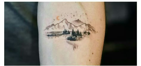 Lake View Tattoo, Small But Meaningful Tattoos, Hiking Tattoos For Women, Moutain Tattoos, Small Mountain Tattoo, Camping Tattoo, Lake Tattoo, Side Wrist Tattoos, Earthy Tattoos