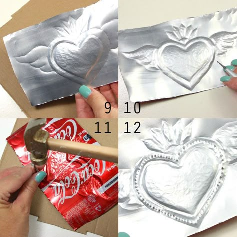 Aluminum Embossing Art, Mexican Folk Art Diy, Goth Craft Ideas, Tin Decorations, Feuille Aluminium Art, Tin Hearts, Mexican Folk Art Decor, Lon Bia, Tin Foil Art