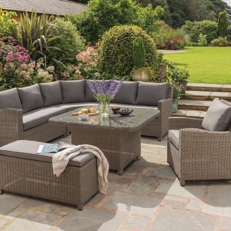 Corner Sofa With Cushions, Woven Outdoor Furniture, Sofa And Table, Villa Ideas, Rattan Corner Sofa, Garden Corner, Corner Dining Set, Corner Sofa Set, Rattan Garden Furniture