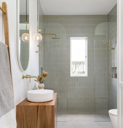 Bathroom L O V I N G 💕⁠ ⁠ We can't get over just how sweet this bathroom is! When it comes to designing bathrooms and adding your own… | Instagram Feature Tile Wall, Van Aesthetic, Green Shower Tile, Light Grey Bathrooms, Organic Modern Bathroom, Restroom Renovation, Warm Bathroom, Green Tile Bathroom, Grey Bathroom Tiles