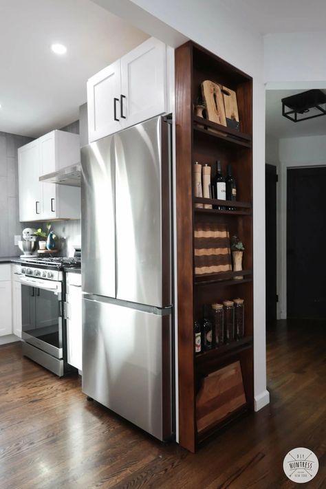 Fridge Nook Ideas, Kitchen Side Storage, Coffee Bar On Side Of Fridge, Diy Over Fridge Cabinet, Cabinet Side Storage, Beside Refrigerator Storage Diy, Diy Cottage Furniture, Decorating Side Of Refrigerator, Kitchen Fridge Storage