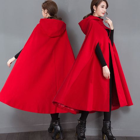 2017 Winter Warm Wool Blend Hood Cape Parka Coat Jacket Party Christmas Cloak Red Cape Coat, Cloak Clothing, Denim Coat Women, Outwear Fashion, Red Cape, Clothes Vintage, Warm Red, Cape Coat, Red Coat