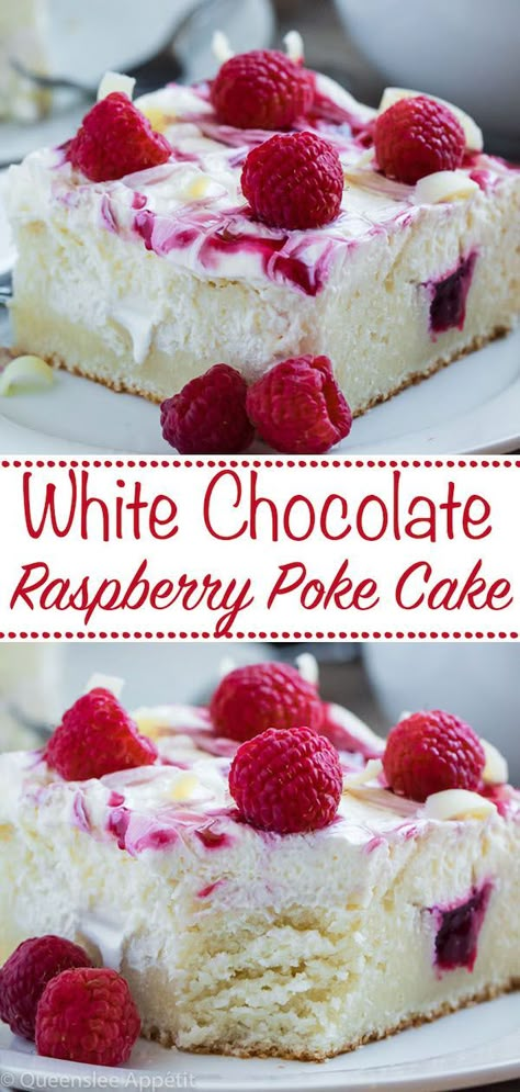 White Chocolate Raspberry Poke Cake ~ Recipe | Queenslee Appétit Cake Decor With Raspberries, White Raspberry Poke Cake, White Chocolate Raspberry Poke Cake Recipes, White Chocolate Raspberry Recipes, Raspberry Poke Cake Recipes, Desserts With Raspberries, White Chocolate Raspberry Poke Cake, Easy Homemade Cake Recipes, Chocolate Raspberry Poke Cake