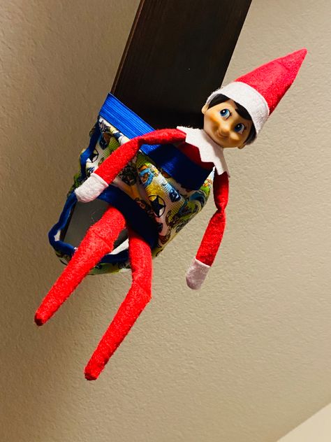 Underwear ride on the ceiling fan! Elf On Fan, Elf On The Shelf Ceiling Fan Ideas, Elf On The Shelf Ceiling Fan, Elf On Shelf Streamers, Elf Ceiling Fan, Elf Hanging From Ceiling Fan, Silly String Elf On The Shelf, Elf On The Shelf Hanging From Fan, Elf Yourself