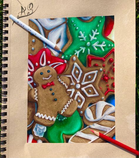 art Winter Drawings Colored Pencil, Christmas Drawing Ideas Realistic, Christmas Cookies Painting, Christmas Realistic Drawings, Christmas Drawings Realistic, Marker Art Christmas, Christmas Colored Pencil Drawings, Christmas Drawing References, Christmas Art Ideas Drawing