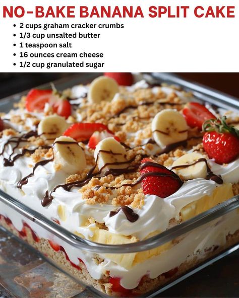 No-Bake Banana Split Cake - Recipecs No Bake Banana Split Cake, Banana Split Cake Recipe, Banana Split Dessert Recipes, Dinner Ideas Recipes, Recipes Keto Dinner, Keto Dinner Ideas, Banana Split Cake, Split Cake, Banana Split Dessert