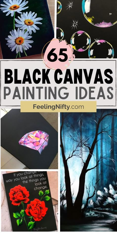 65 Striking Black Canvas Paintings That'll Bring You Pride and Joy Paint Ideas For Black Canvas, Easy Unique Canvas Paintings, 18x24 Canvas Painting Ideas, What To Do On A Black Canvas, Things To Paint On Canvas Black Background, Easy Painting With Black Background, How To Use Acrylic Paint Canvases, Painting On A Black Canvas Ideas, Oil Painting On Black Canvas