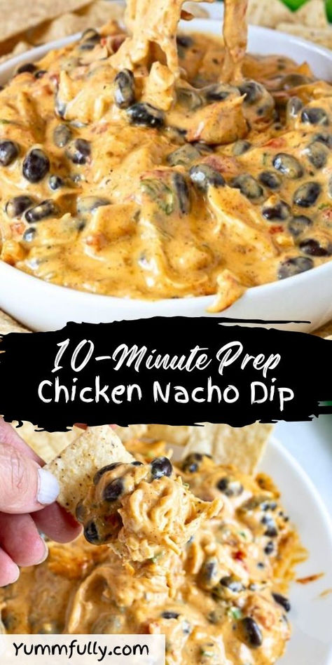 This easy-to-make Crock Pot Chicken Nacho Dip is a crowd favorite and a great way to use that leftover rotisserie chicken. Melty Velveeta cheese, diced tomatoes, green onions, jalapenos, and black beans make it hearty and delicious with just 10 minutes of prep time! Chicken Fajita Queso Dip, Chicken Velveeta Dip, Dips With Chicken In It, Mexican Chicken Dip Crockpot, Leftover Chicken Appetizers, Chicken Taco Dip Crockpot, Rotisserie Chicken Dip Recipes, Crockpot Chicken Dip Recipes, Dish To Bring To A Party