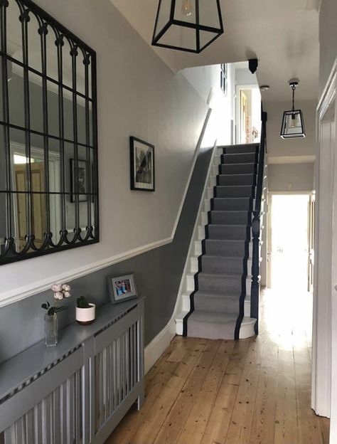 Staircase Dado Rail, Small Panelled Hallway, Dark Grey Hallway Panneling, Hallway Ideas Dado Rail, Black Dado Rail Hallway, Stairs Dado Rail, Dado Hallway, Dado Rail Stairs, Hallway Dado Rail Colour Schemes