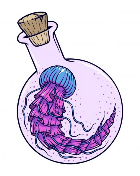 Bottles Illustration, Underwater Cartoon, Jellyfish Illustration, Mermaid Cartoon, Glass Illustration, Colorful Jellyfish, Chalk Ideas, Bottle Drawing, Bottle Tattoo