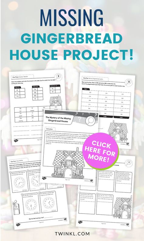 Engage your students in a fun, motivating math challenge with our Second Grade The Mystery of the Missing Gingerbread Houses Math Project.

By using our Gingerbread House Math Project resource, students will be presented with an engaging scenario where they must uncover the missing entries of Cookie Town's annual gingerbread house competition. 

This project incorporates addition word problems, geometry questions, determining less and more, telling time, and skip counting. Math Gingerbread House, Gingerbread House Stem Challenge, Stem Activities Elementary, Geometry Questions, Gingerbread House Competition, Gingerbread Math, Elementary Stem Activities, Activities Elementary, Addition Words