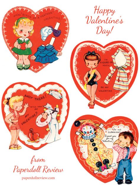 Free Printable Retro Paper Doll Valentines Free Vintage Valentines Printables, Kitschy Valentines, Paper Doll Halloween, Retro Valentine Cards, Vintage Valentine Crafts, Valentine Tablescape, Valentines Vintage, Valentines Candy, Valentine Printables