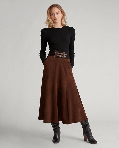 Suede Midi Skirt, Ralph Lauren Looks, Ralph Lauren Womens Clothing, Ralph Lauren Skirts, Rib Knit Top, Lily Aldridge, Polo Ralph Lauren Women, Taylor Hill, Rachel Green