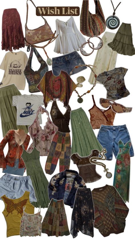 earth tones, skirts, wish list Y2k Boho Outfits, Hippie Core Outfits, Earthy Style Outfits, Hippie Indie Outfits, Earthy Clothes, Mystic Style, Green Skirt Outfits, Nature Outfits, Earthy Style