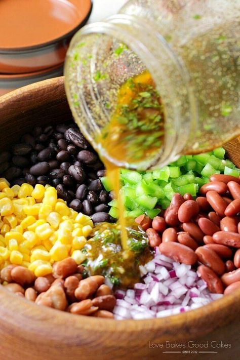 Mexican Bean Salad Fiesta Bean Salad, Mexican Salad Dressings, Bean Salad Dressing, Mexican Bean Salad, Bean Salads, Nutritarian Diet, Bean Dishes, Beans Recipes, Mexican Salads