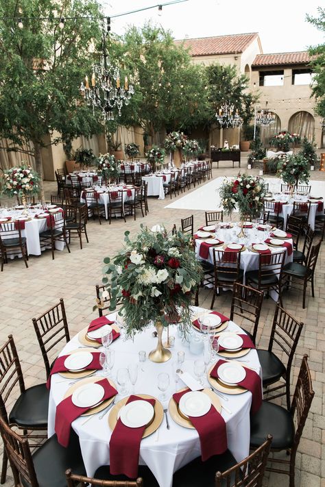 Deep Red Wedding Theme Centerpieces, Wine Red Table Setting, Red White And Gold Table Setting, Red Wine Wedding Theme, Deep Red Wedding Theme, Red And Brown Wedding, Red And Gold Wedding Theme, December Weddings, Red Wedding Receptions