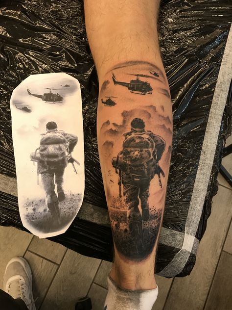 Army Inspired Tattoos, Raf Tattoo Ideas, One Man Army Tattoo, Soldier Tattoo Designs Men, American Soldier Tattoo, Army Tattoos For Men Soldiers, D Day Tattoo, Army Infantry Tattoos, Ww2 Tattoo Ideas