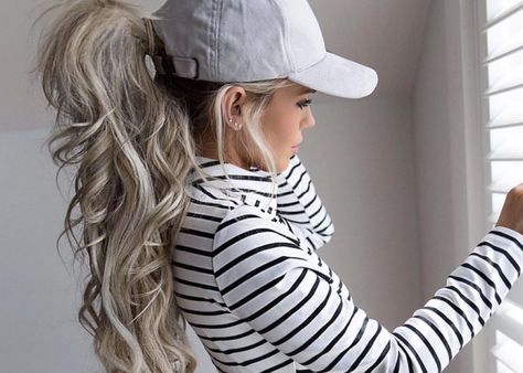 Baseball cap and stripes. Cute Ball Cap Hairstyles, Baseball Hat Hairstyles Long, Ball Cap Hairstyles, Baseball Hat Hairstyles, Baseball Cap Hairstyles, Blonde Hair Colour Shades, Cap Hairstyles, Perfect Blonde Hair, Perfect Blonde